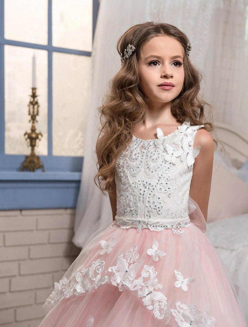 PLwedding Fancy Flower Girl Dress Kids Lace Applique Pageant Party Ball Gown Blush Pink Size 12 - Image 3